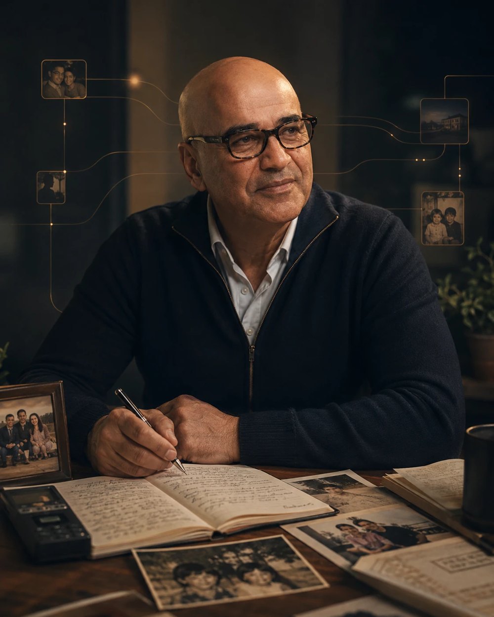 Nader Shaterian at a desk, writing in a notebook, with family photographs and a voice recorder around him.