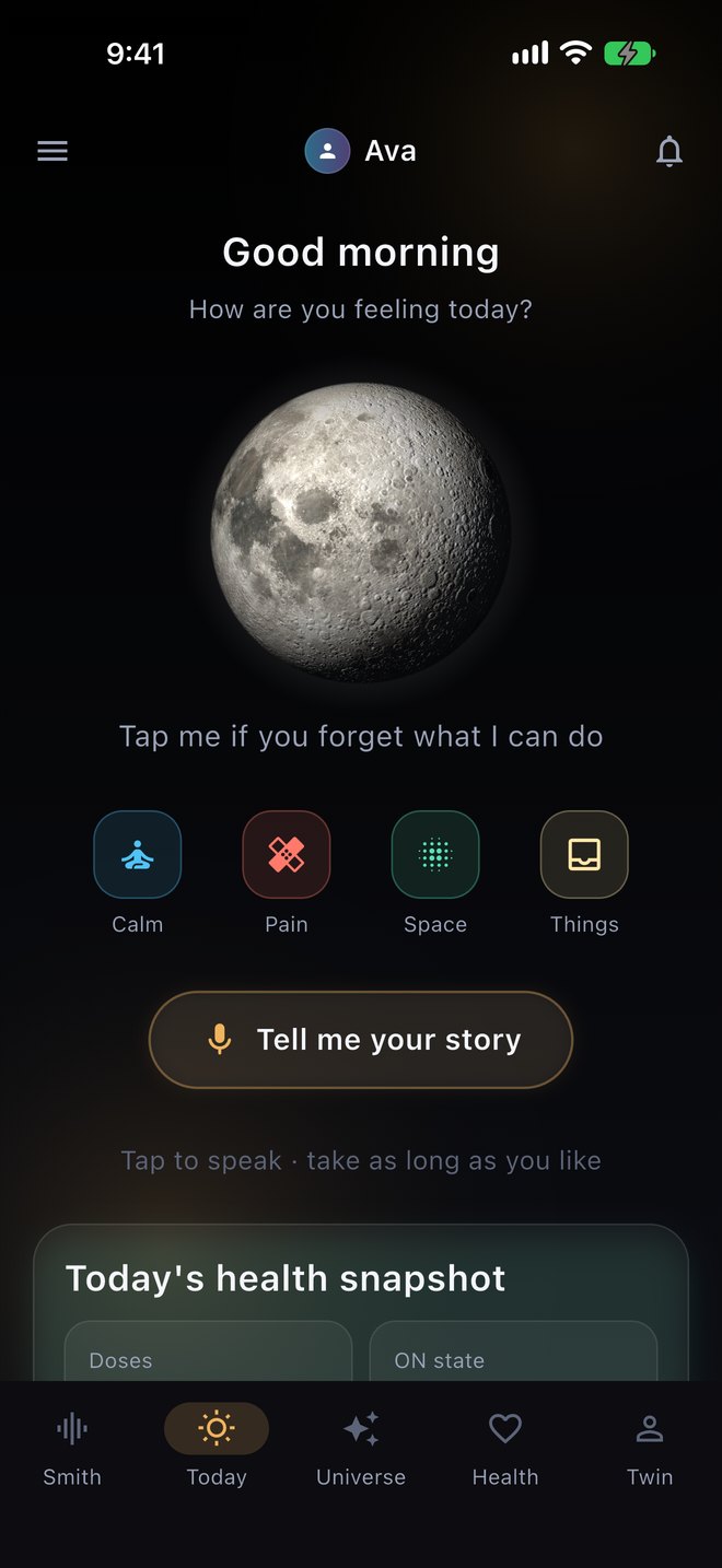 The Today room. Good morning, how are you feeling today, the moon, four tiles for calm, pain, space and things, and a large button that says Tell me your story.