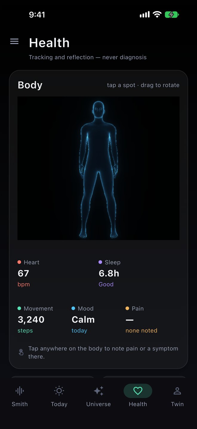 The Health room, subtitled tracking and reflection, never diagnosis. An outline of a body you can tap, then heart rate 67, sleep 6.8 hours, movement 3,240 steps, mood calm, pain none noted.